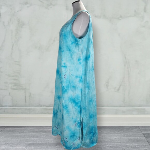 Vintage 90s Embroidered Midi Shift Dress Size L Blue Cotton Twill Tie Dye - Picture 5 of 11